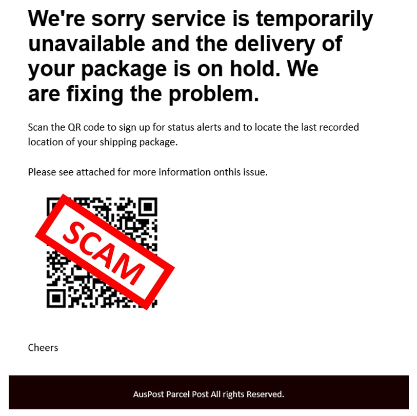 A QR code phishing example where a headline tells the customer there’s been a problem with a delivery. The reader is then asked to scan a QR code for updates.